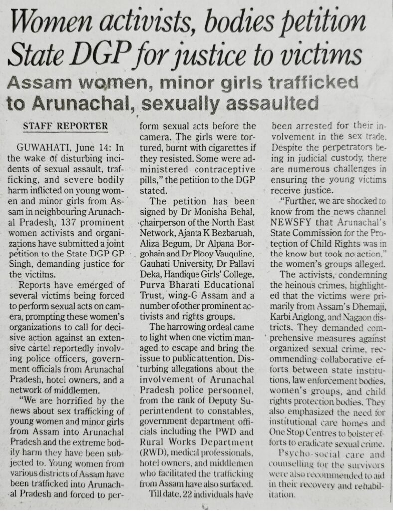 Condemnation Note: Sex Trafficking of Women and Girls from Assam to Arunachal Pradesh